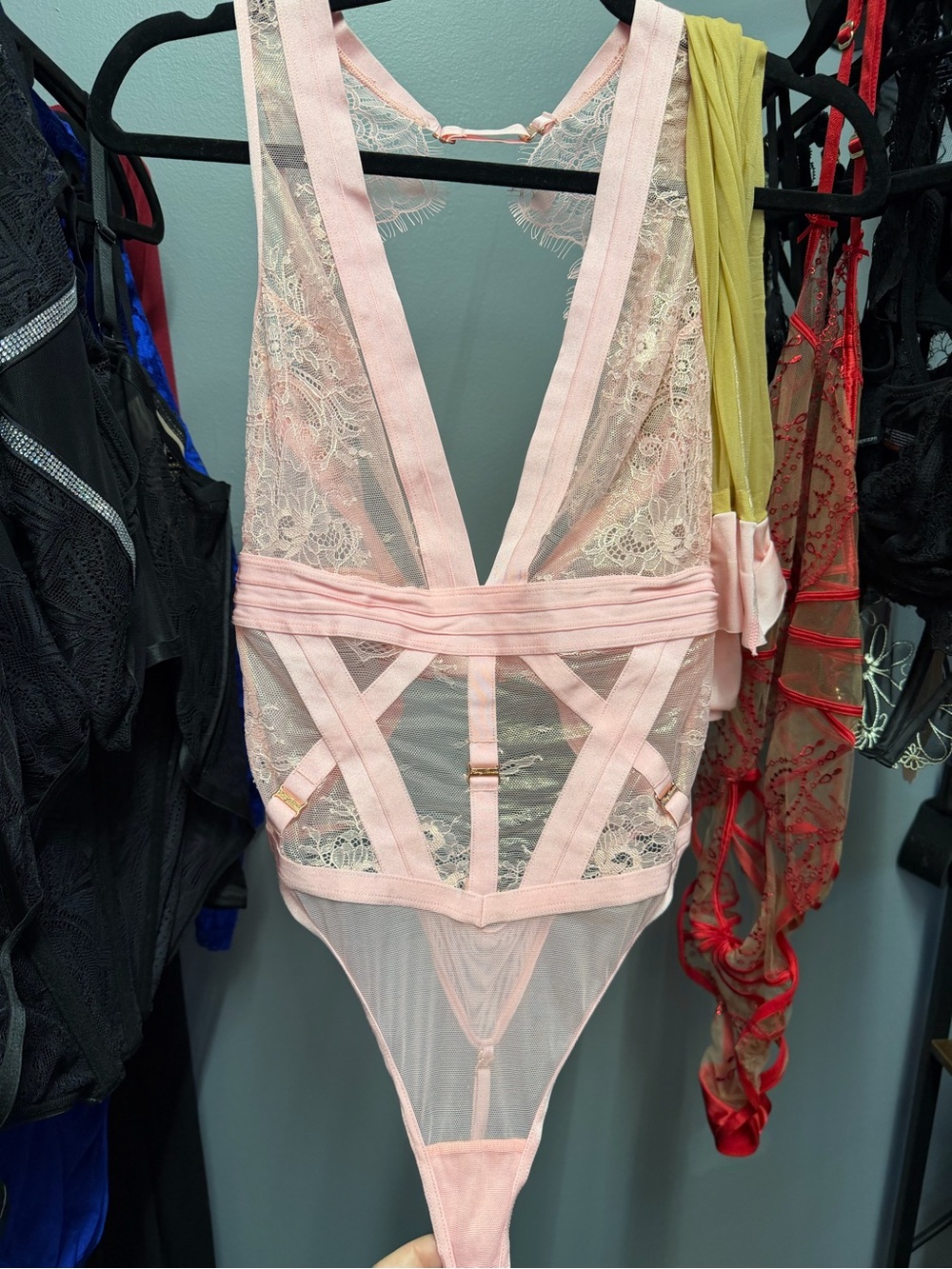 Honey Birdette Pink Lace Strappy Teddy Bodysuit